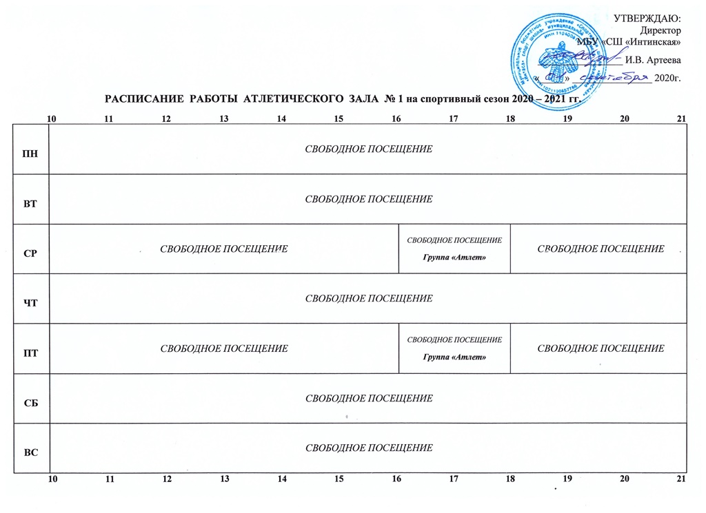 Расписание работы атлетического зала 1 на спортивный сезон 2020 2021 год
